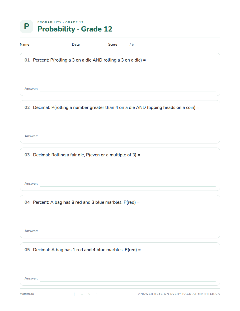 Intermediate Grade 12 probability worksheet, page one