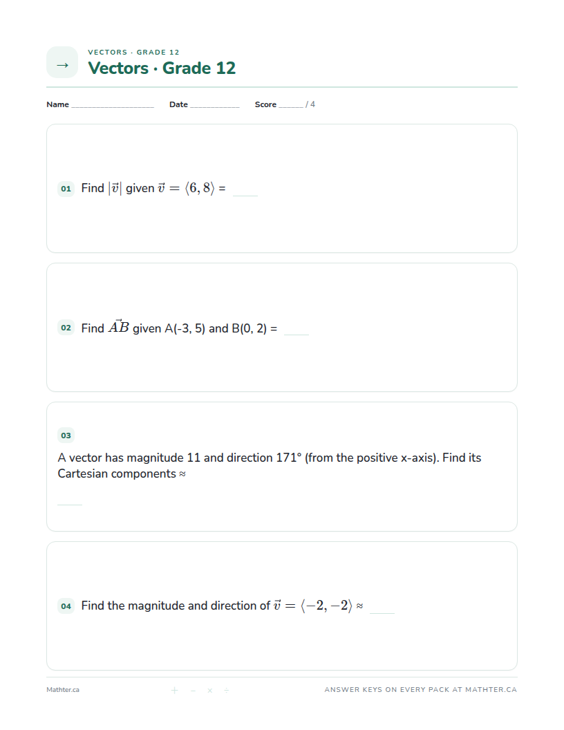 Beginner Grade 12 vector worksheet, page one