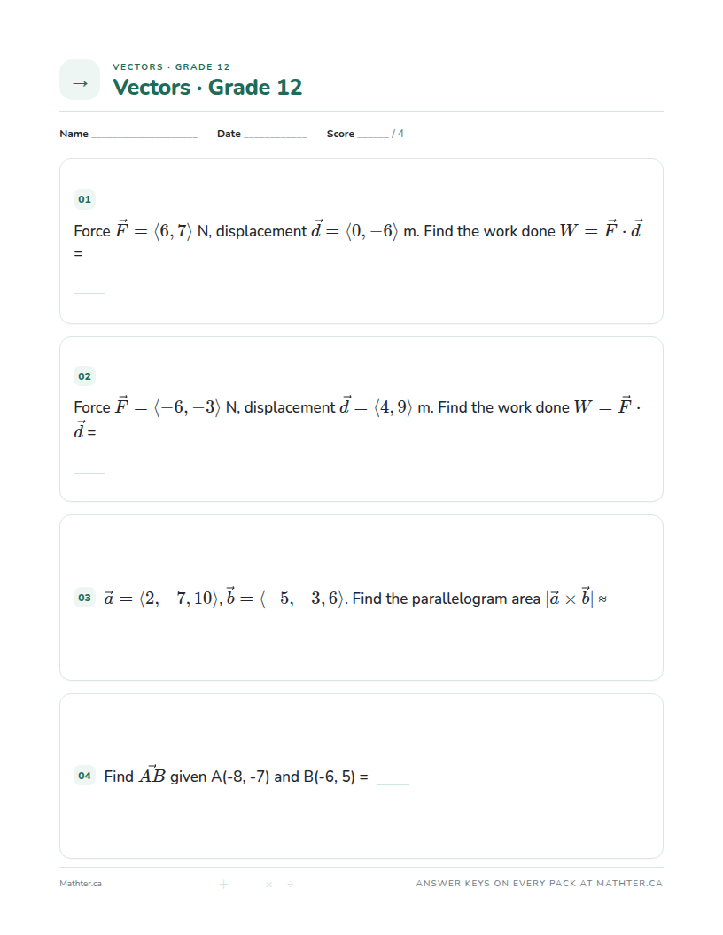 Advanced Grade 12 vector worksheet, page one