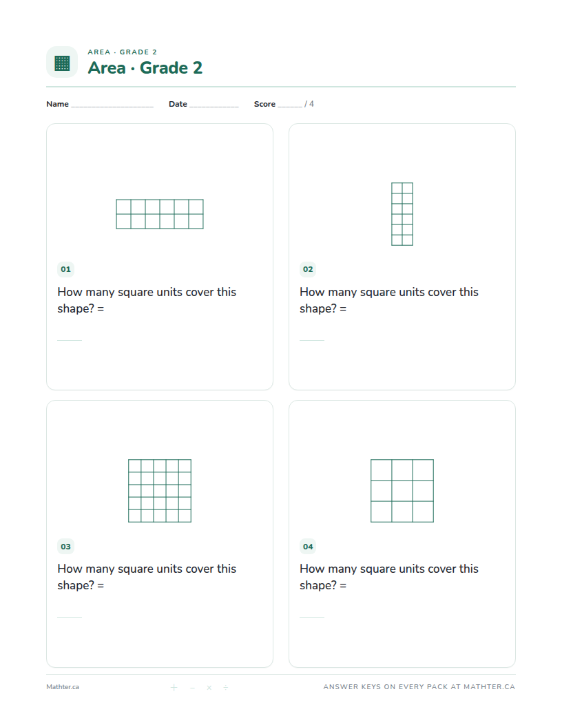 Advanced Grade 2 area worksheet, page one