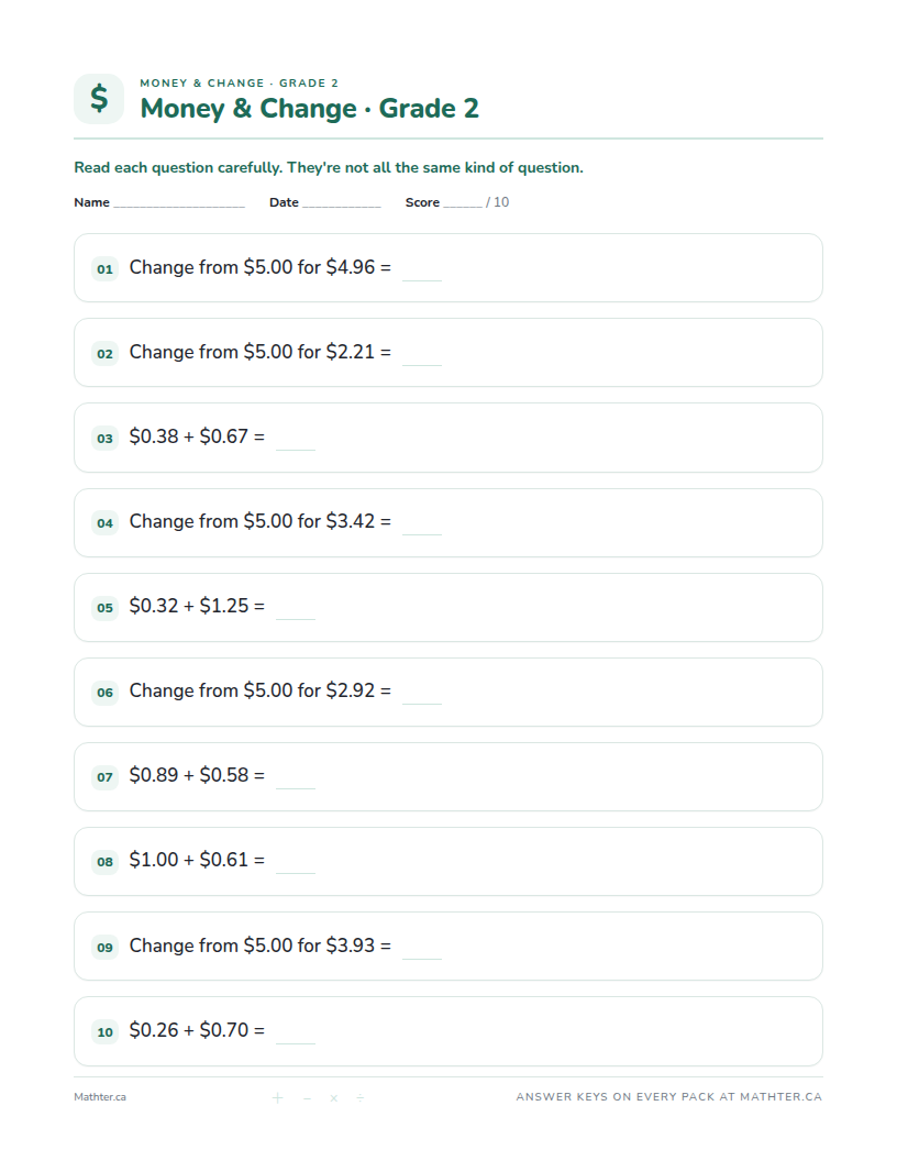 Intermediate Grade 2 money & change worksheet, page one