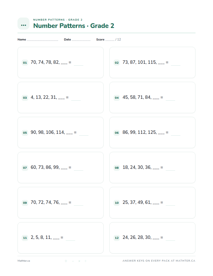 Advanced Grade 2 number pattern worksheet, page one