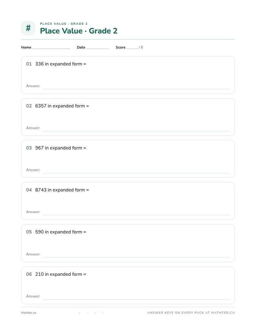 Advanced Grade 2 place value worksheet, page one