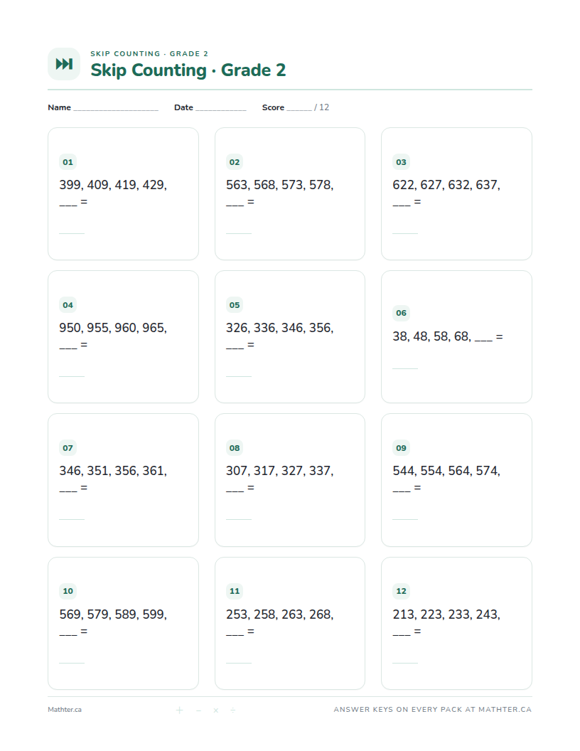 Beginner Grade 2 skip counting worksheet, page one