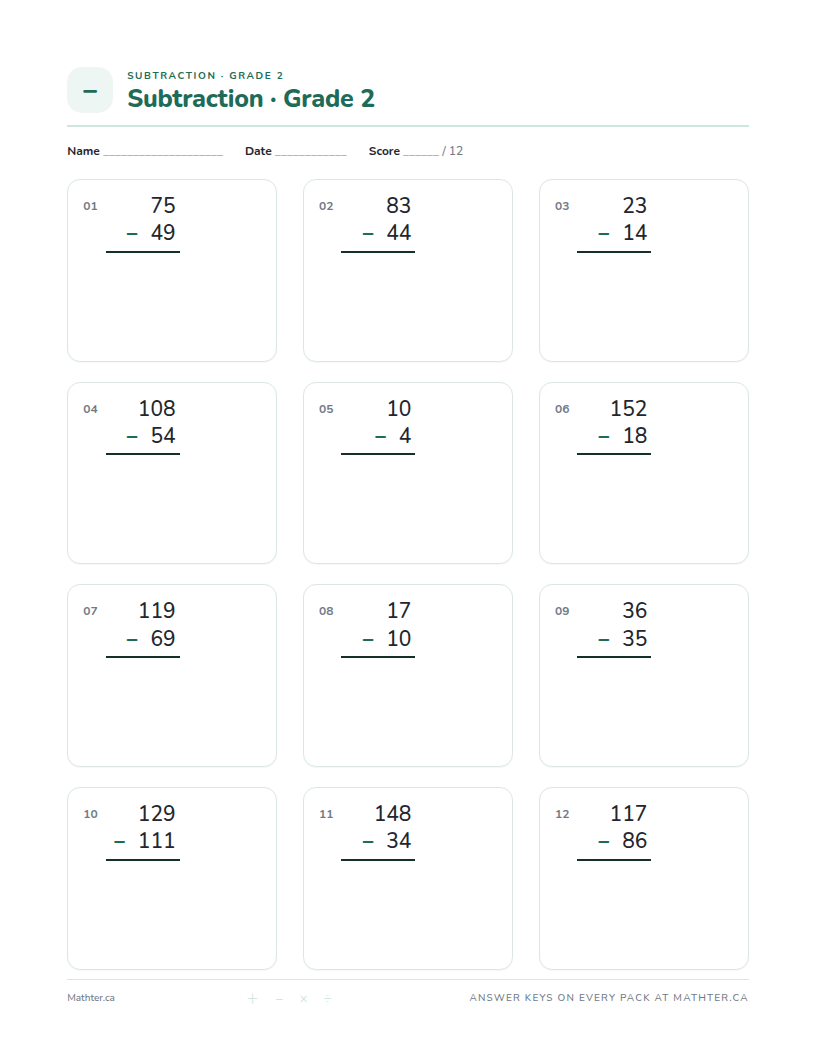 Advanced Grade 2 subtraction worksheet, page one