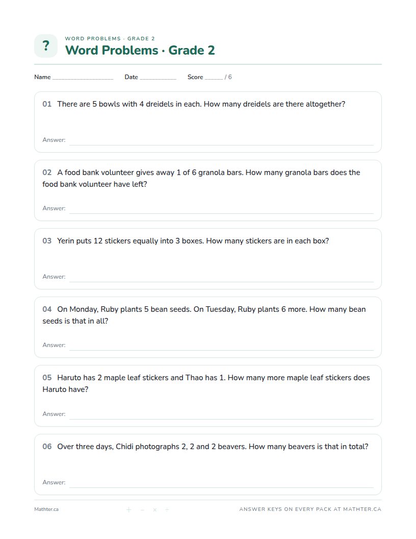 Beginner Grade 2 word problem worksheet, page one