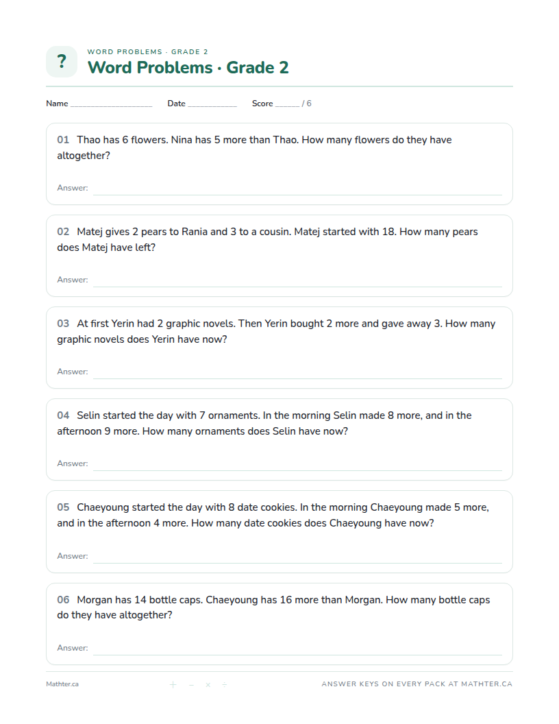 Advanced Grade 2 word problem worksheet, page one