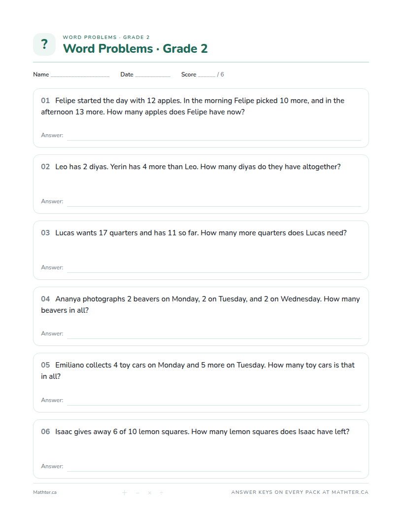 Intermediate Grade 2 word problem worksheet, page one