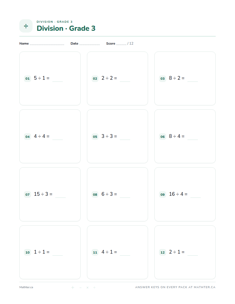 Beginner Grade 3 division worksheet, page one