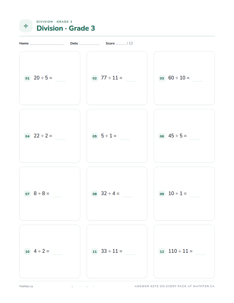Advanced Grade 3 division worksheet, page one