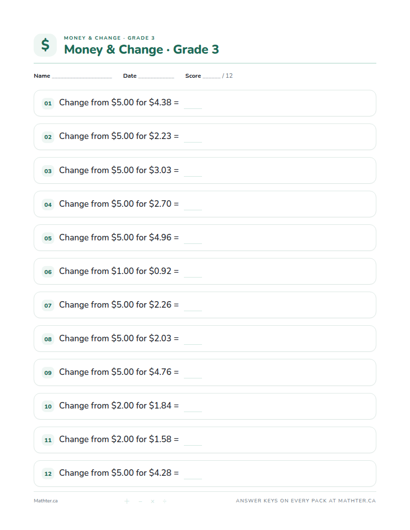 Beginner Grade 3 money & change worksheet, page one