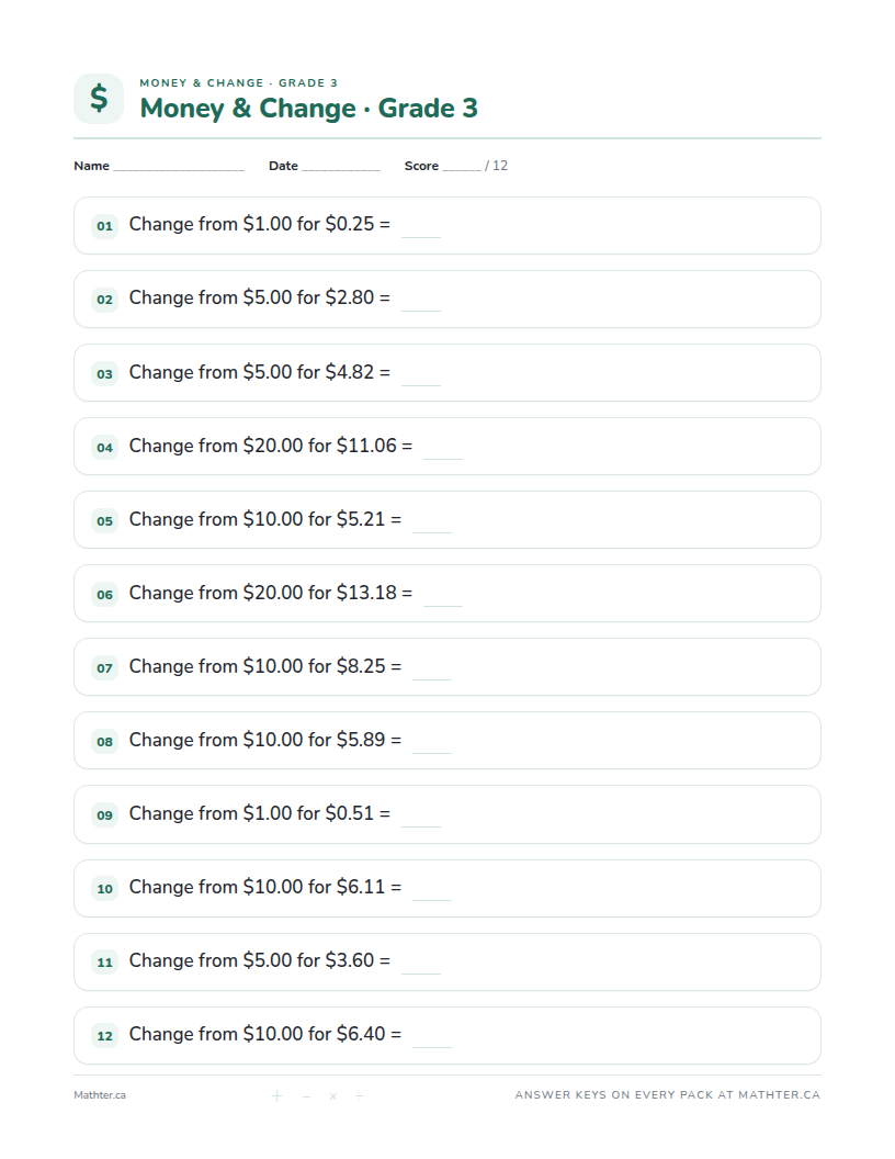 Advanced Grade 3 money & change worksheet, page one