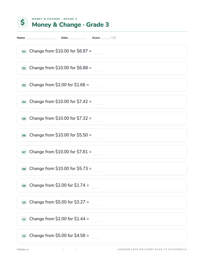 Intermediate Grade 3 money & change worksheet, page one