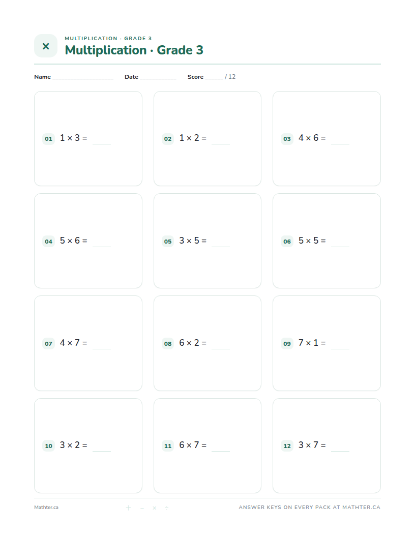 Intermediate Grade 3 multiplication worksheet, page one