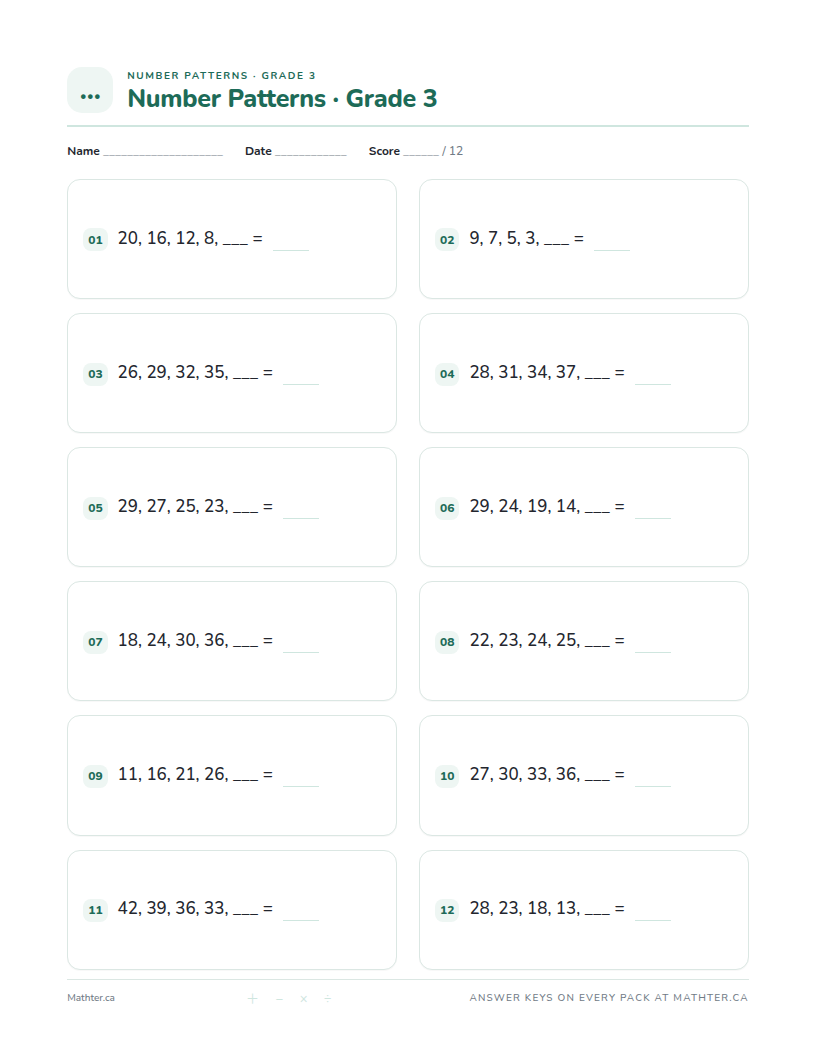 Beginner Grade 3 number pattern worksheet, page one