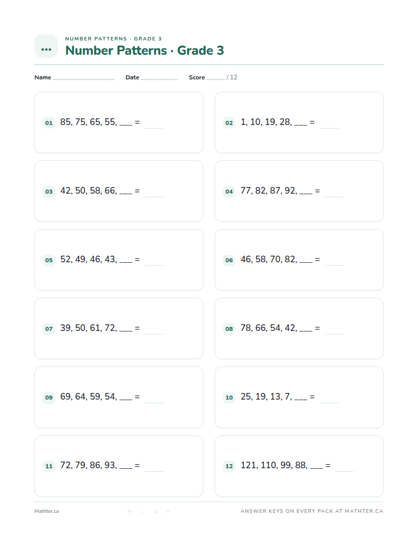 Advanced Grade 3 number pattern worksheet, page one