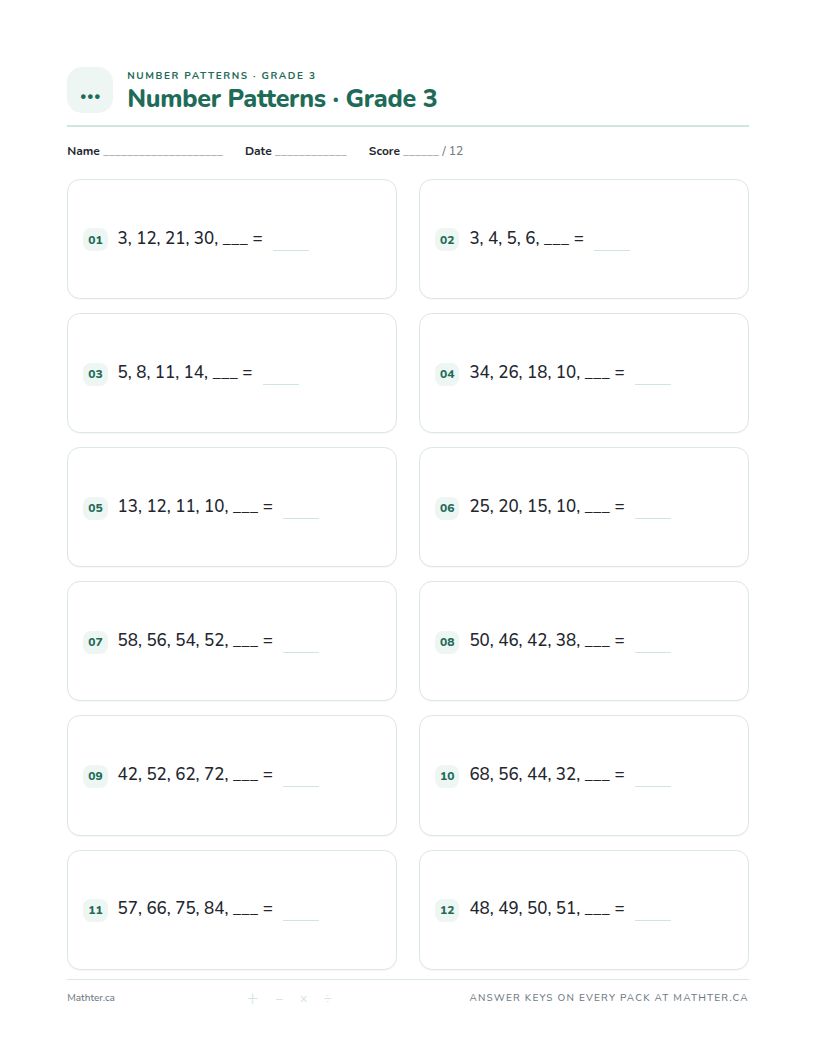 Intermediate Grade 3 number pattern worksheet, page one
