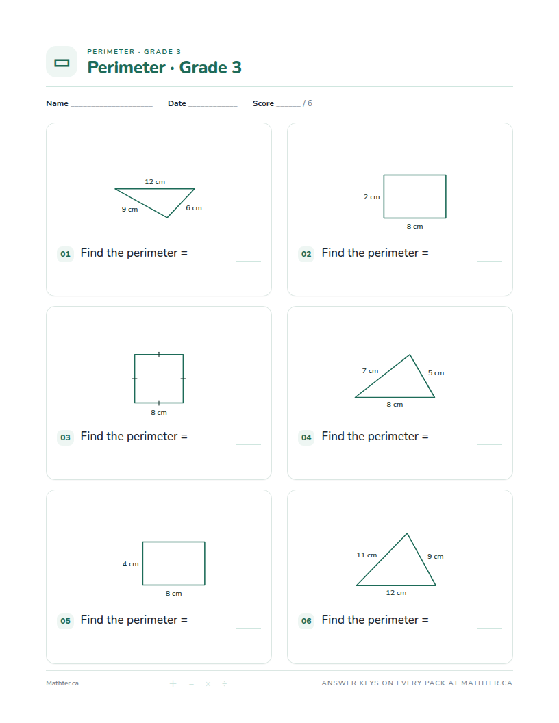 Beginner Grade 3 perimeter worksheet, page one