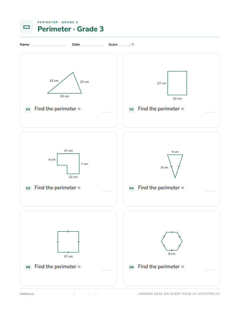 Advanced Grade 3 perimeter worksheet, page one