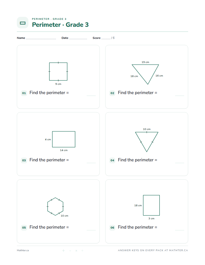 Intermediate Grade 3 perimeter worksheet, page one