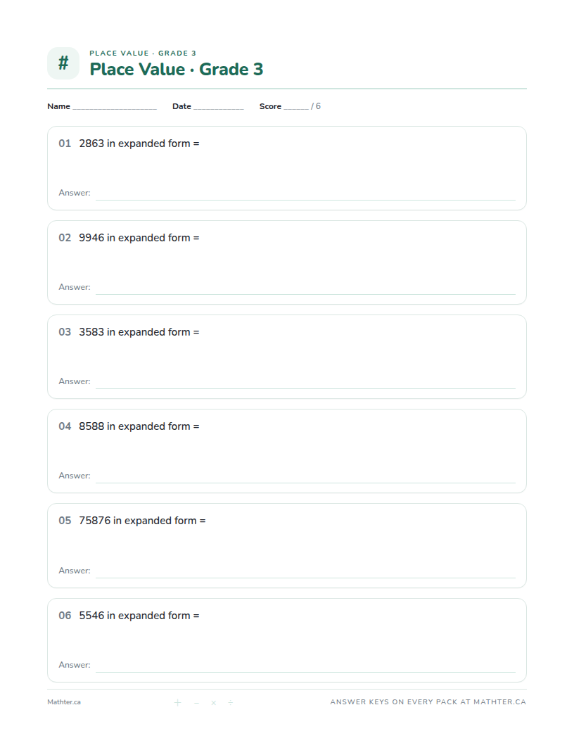 Advanced Grade 3 place value worksheet, page one