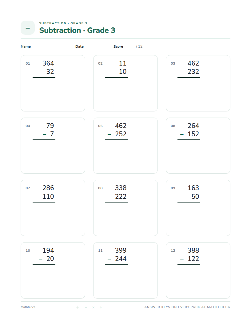 Beginner Grade 3 subtraction worksheet, page one