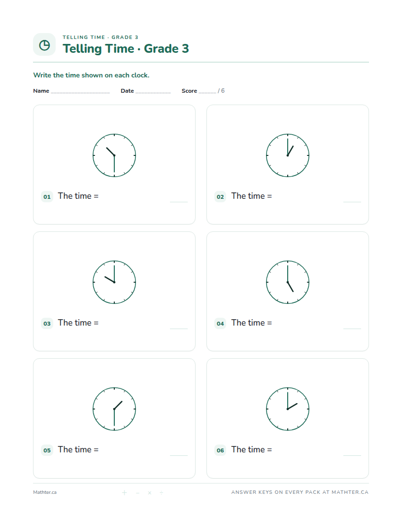 Beginner Grade 3 telling time worksheet, page one