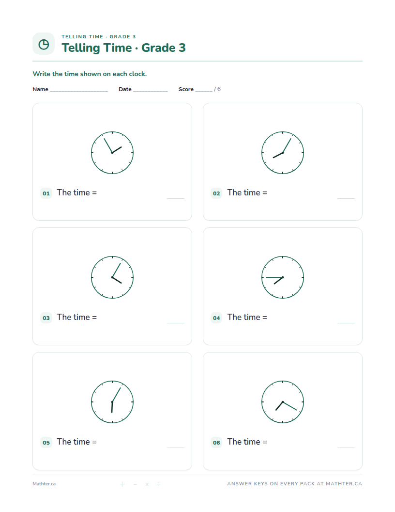 Advanced Grade 3 telling time worksheet, page one