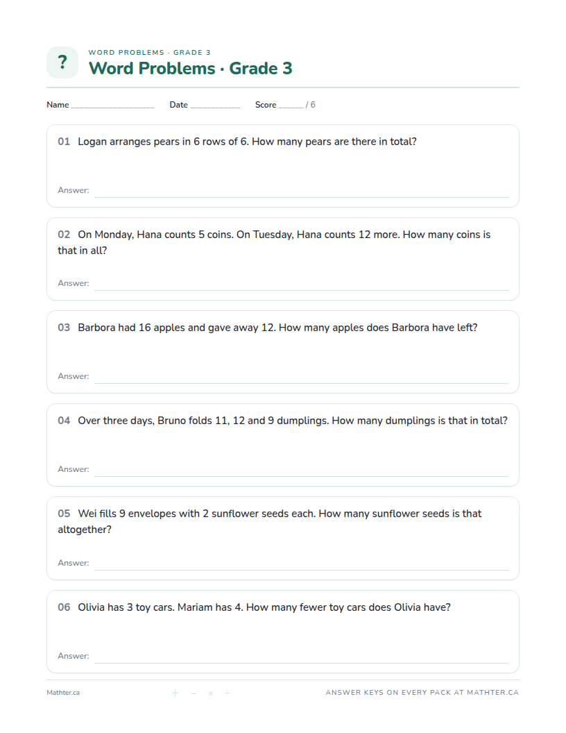Beginner Grade 3 word problem worksheet, page one