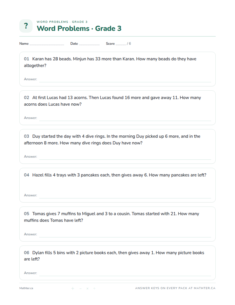 Advanced Grade 3 word problem worksheet, page one