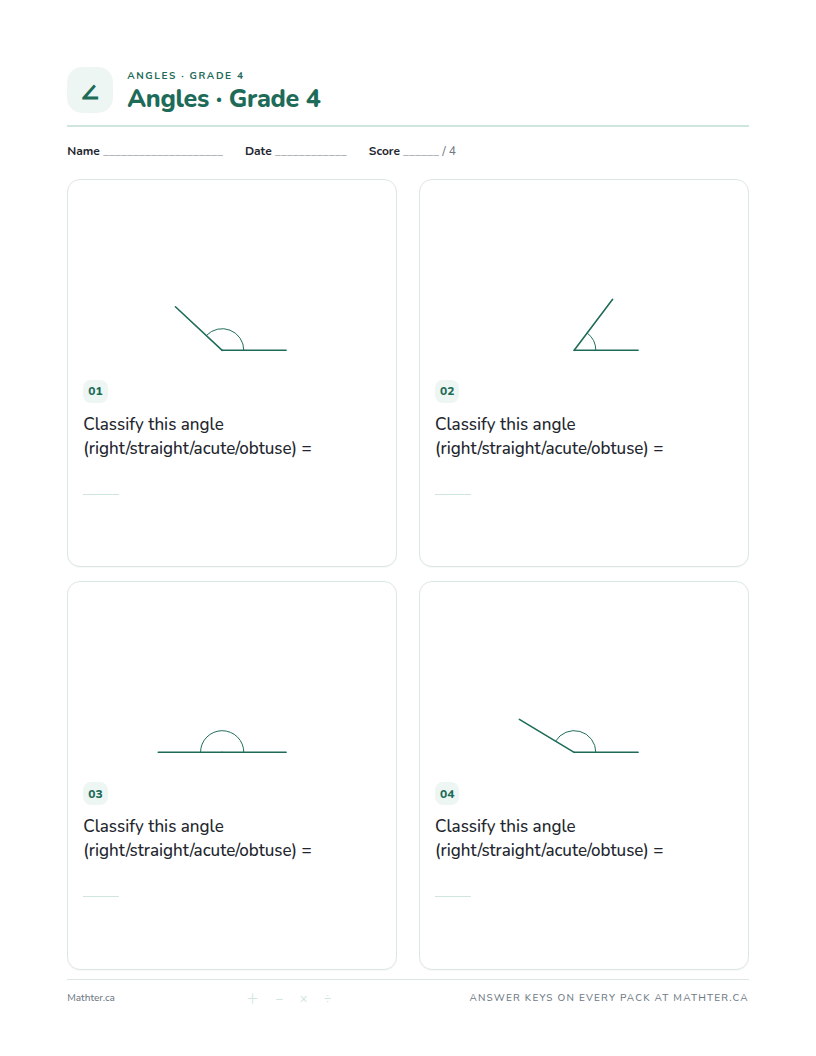 Beginner Grade 4 angles worksheet, page one