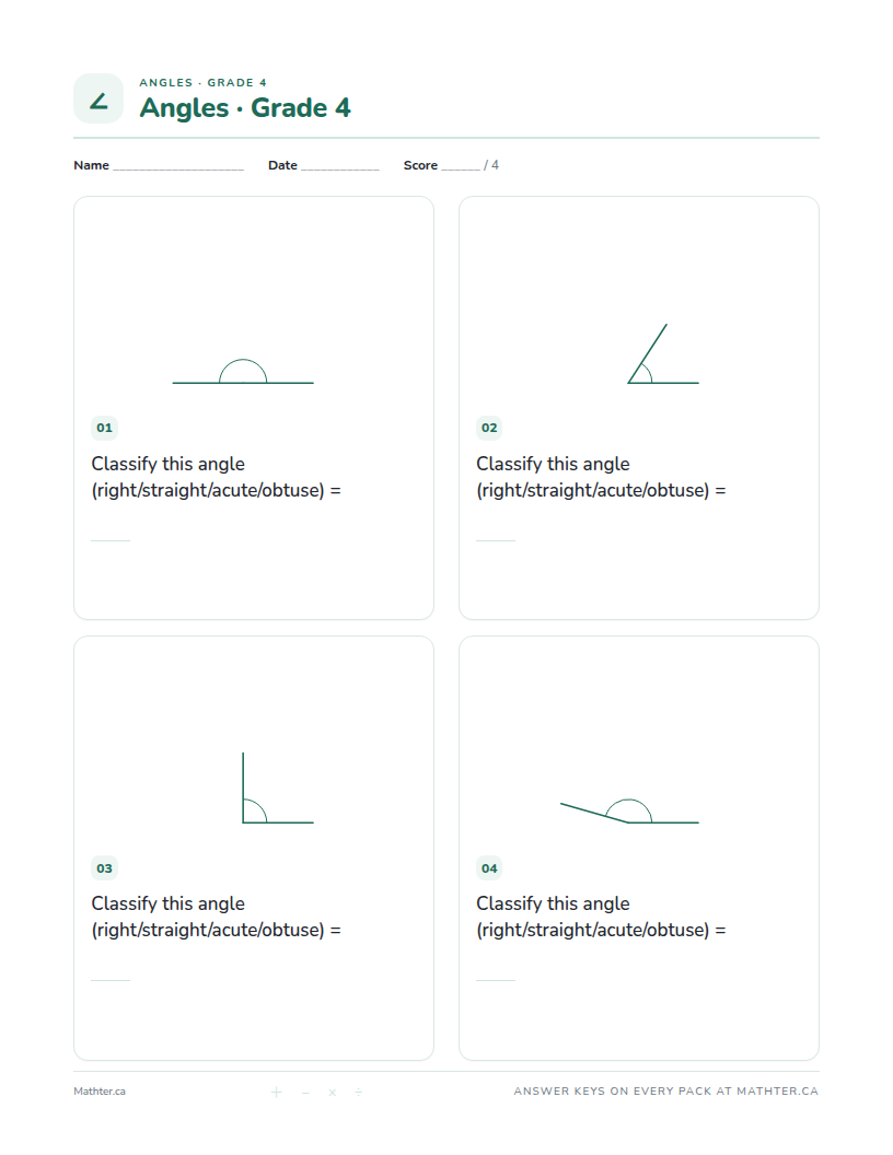 Advanced Grade 4 angles worksheet, page one