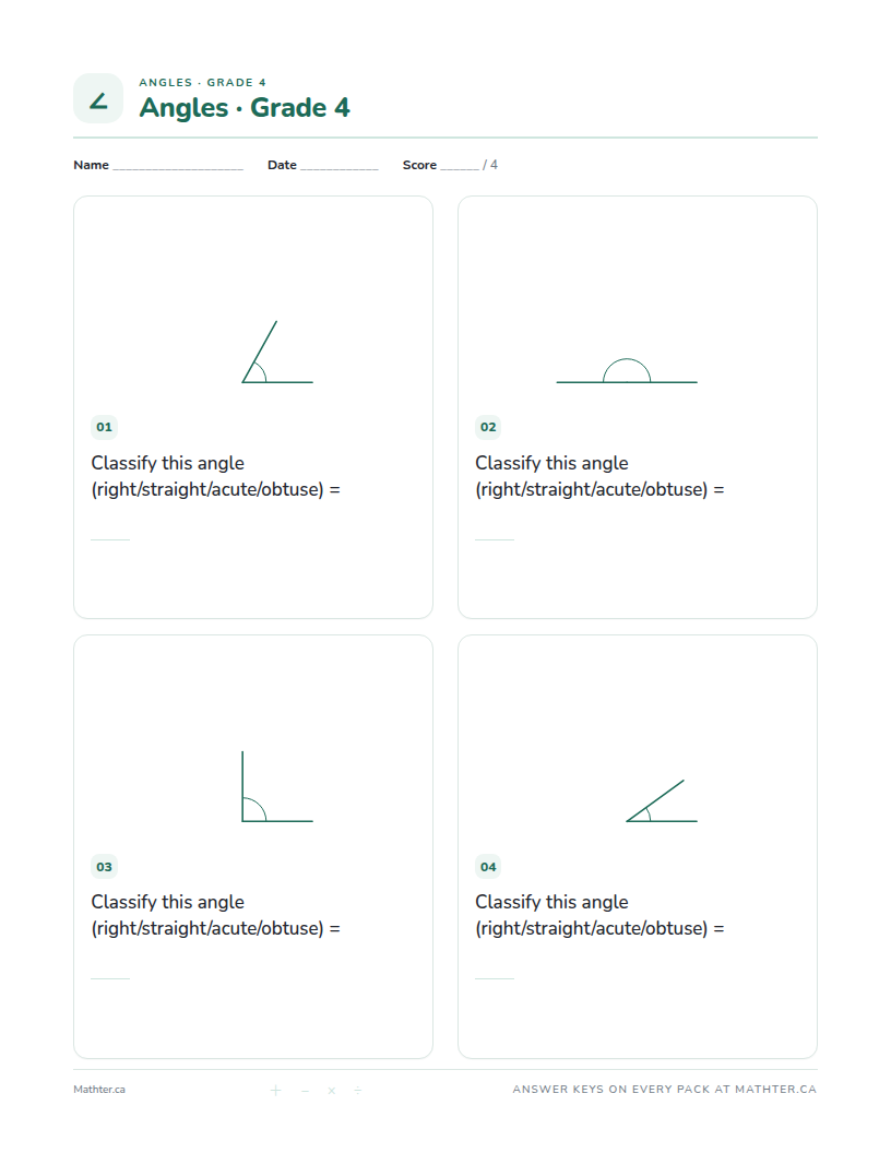 Intermediate Grade 4 angles worksheet, page one
