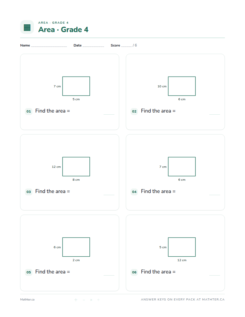 Beginner Grade 4 area worksheet, page one