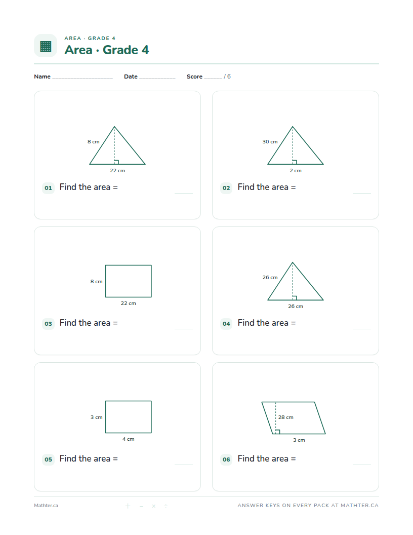 Advanced Grade 4 area worksheet, page one
