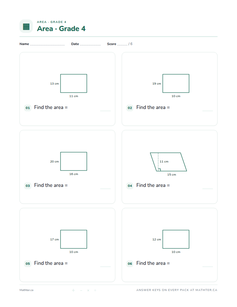 Intermediate Grade 4 area worksheet, page one