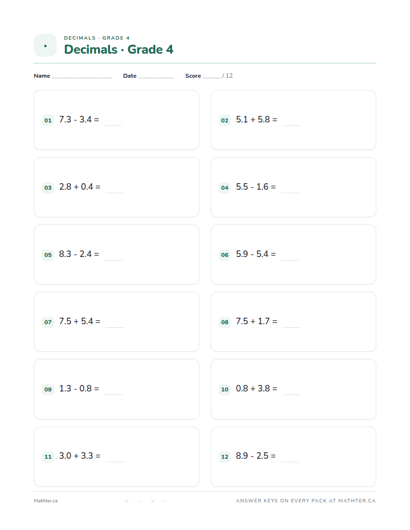 Beginner Grade 4 decimal worksheet, page one