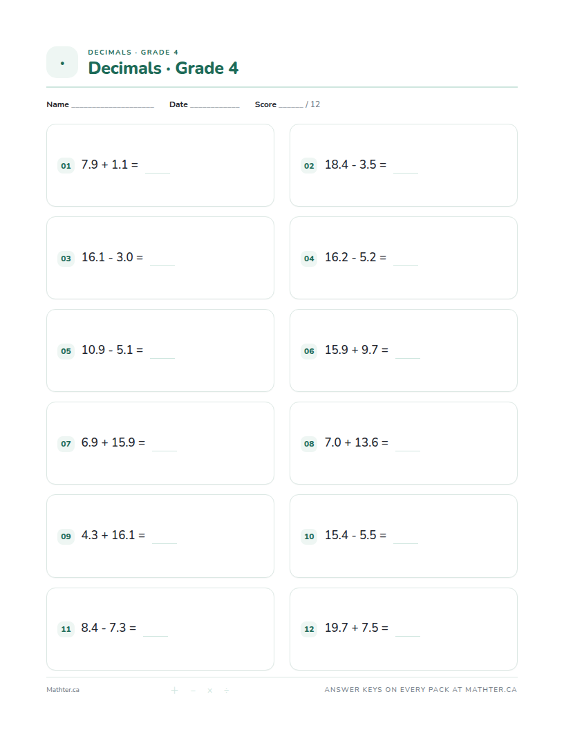 Intermediate Grade 4 decimal worksheet, page one