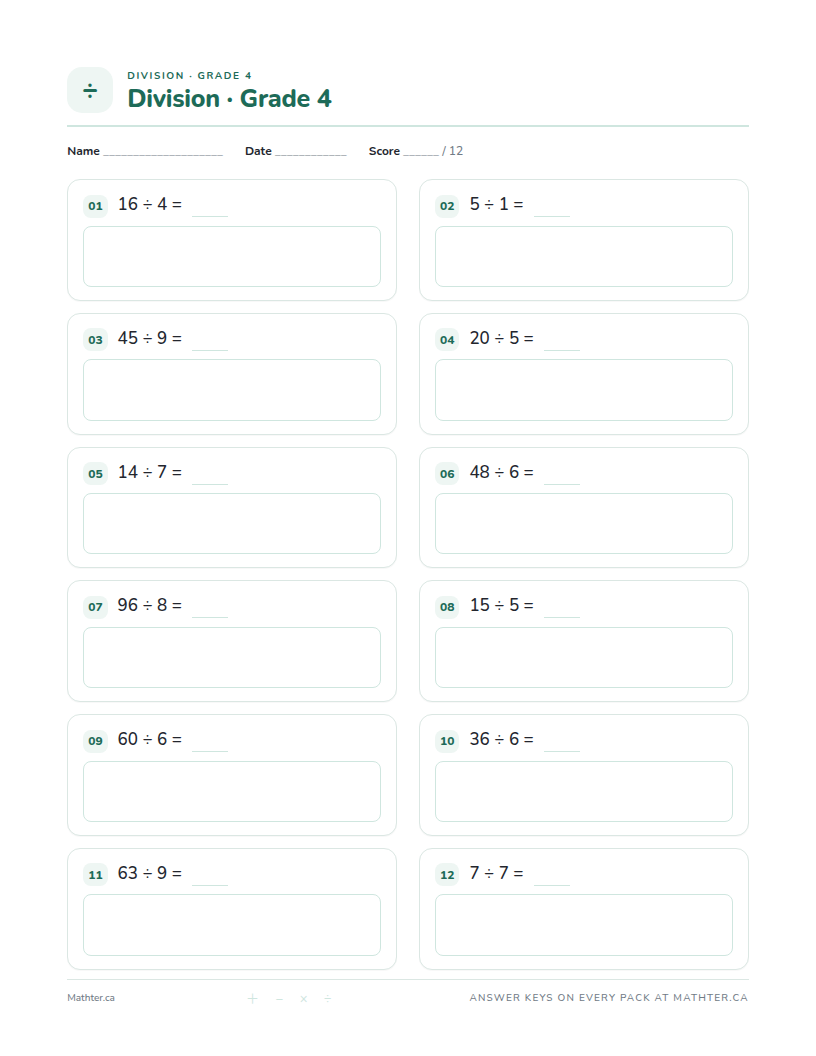Intermediate Grade 4 division worksheet, page one