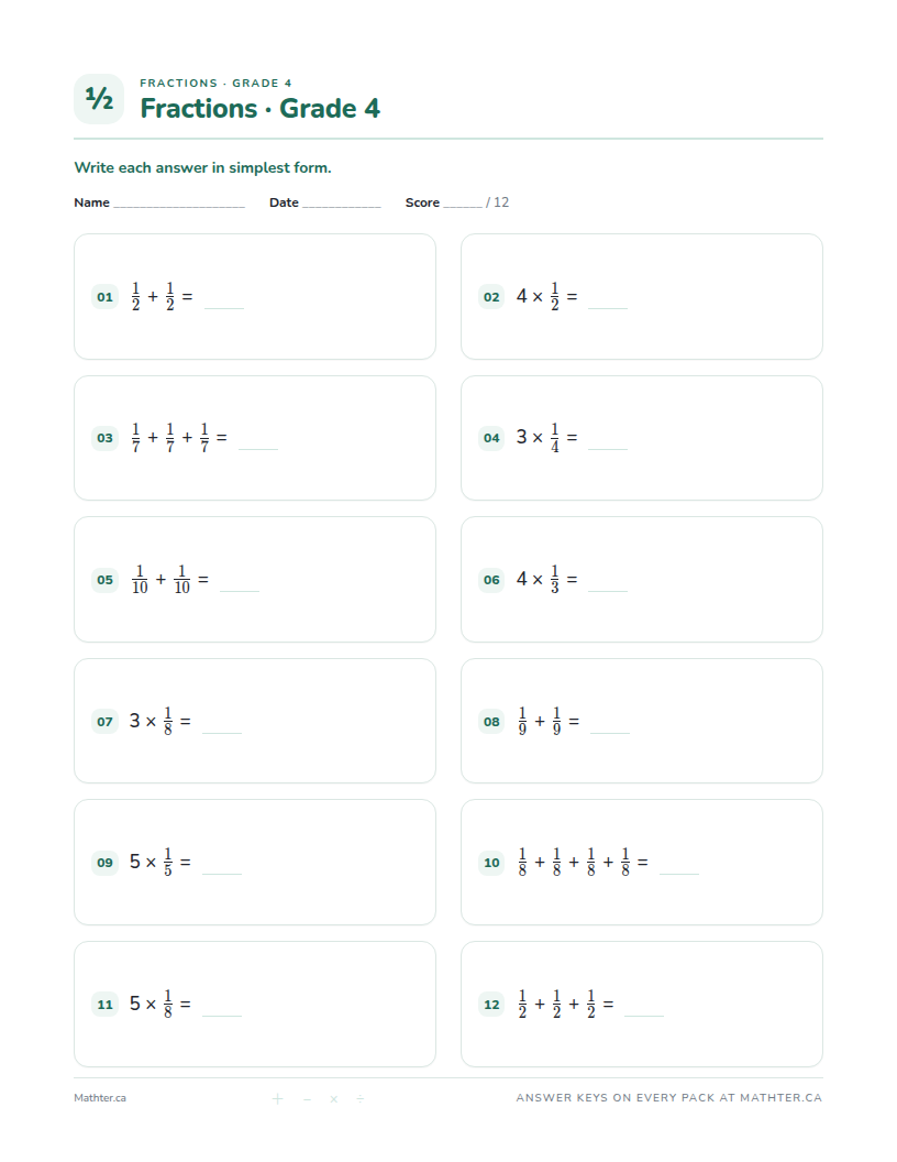 Advanced Grade 4 fraction worksheet, page one