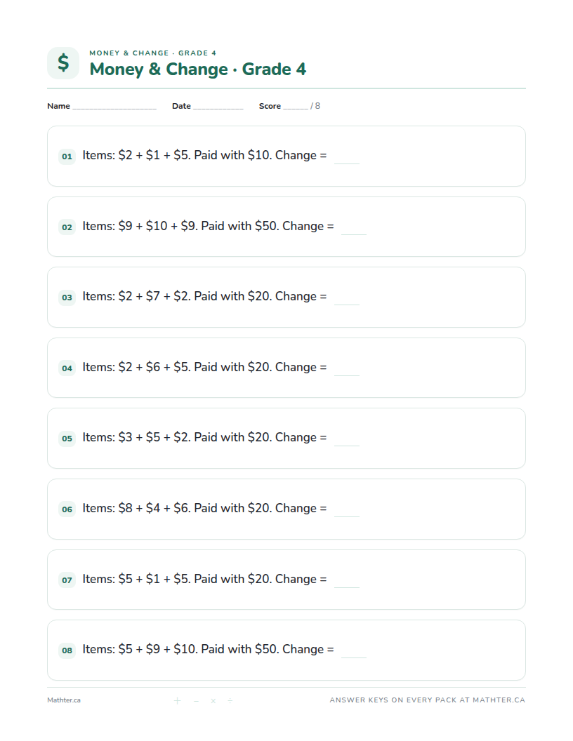 Intermediate Grade 4 money & change worksheet, page one