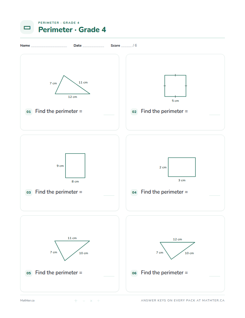 Beginner Grade 4 perimeter worksheet, page one