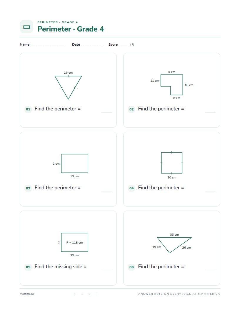 Advanced Grade 4 perimeter worksheet, page one