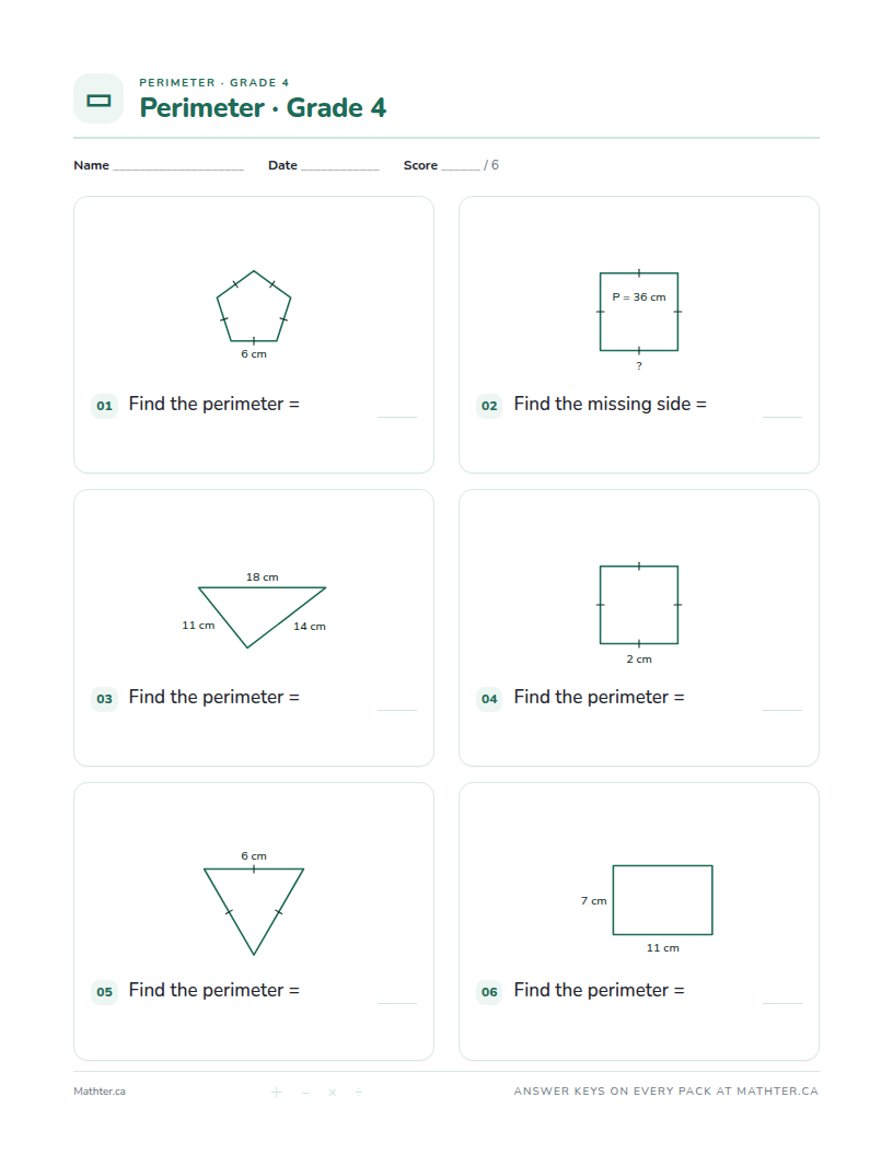 Intermediate Grade 4 perimeter worksheet, page one