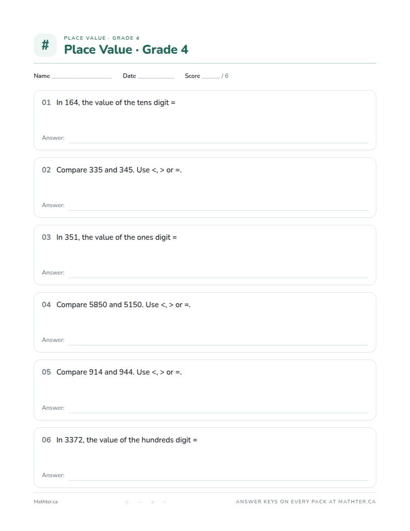 Beginner Grade 4 place value worksheet, page one