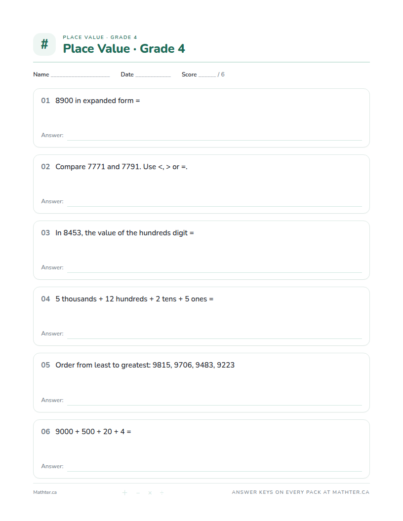 Intermediate Grade 4 place value worksheet, page one
