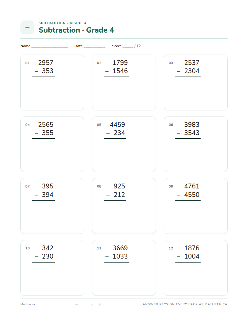 Beginner Grade 4 subtraction worksheet, page one