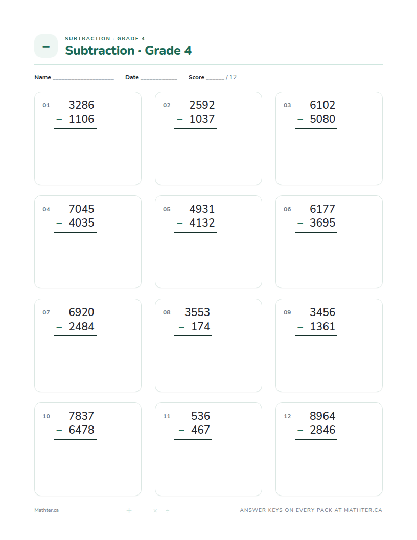 Intermediate Grade 4 subtraction worksheet, page one