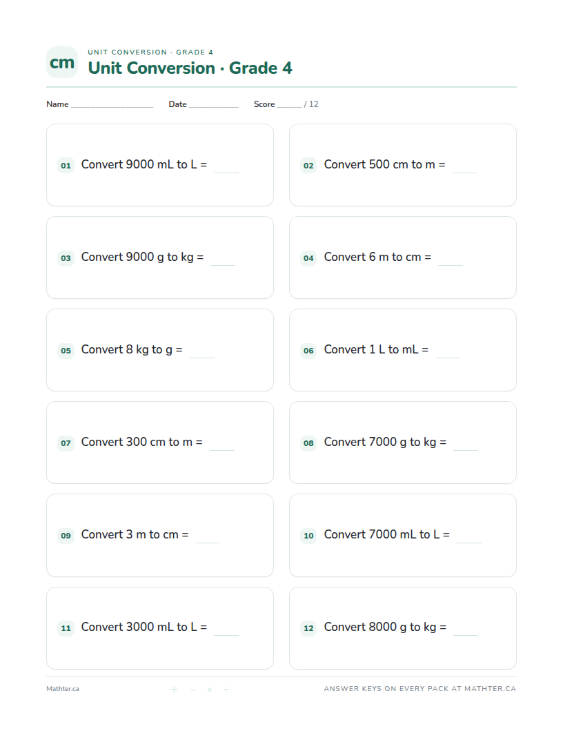 Beginner Grade 4 unit conversion worksheet, page one