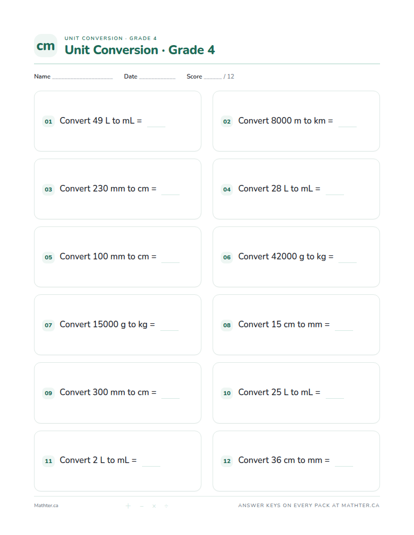 Advanced Grade 4 unit conversion worksheet, page one